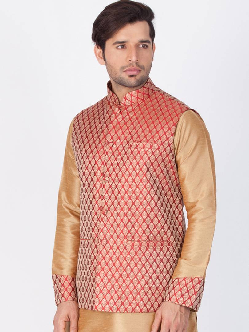 Men's Maroon 
Cotton Blend
 Woven Design Nehru Jackets